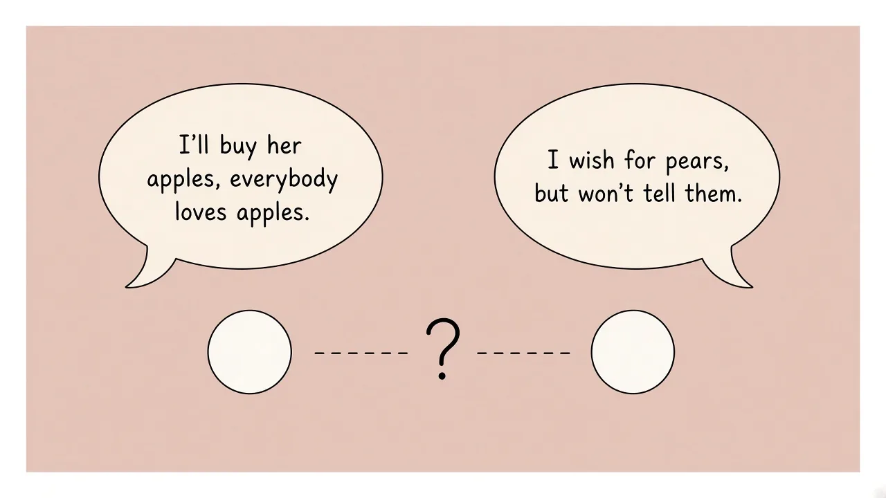 One side assumes apples; the other wishes for pears but stays quiet — missing data between them.