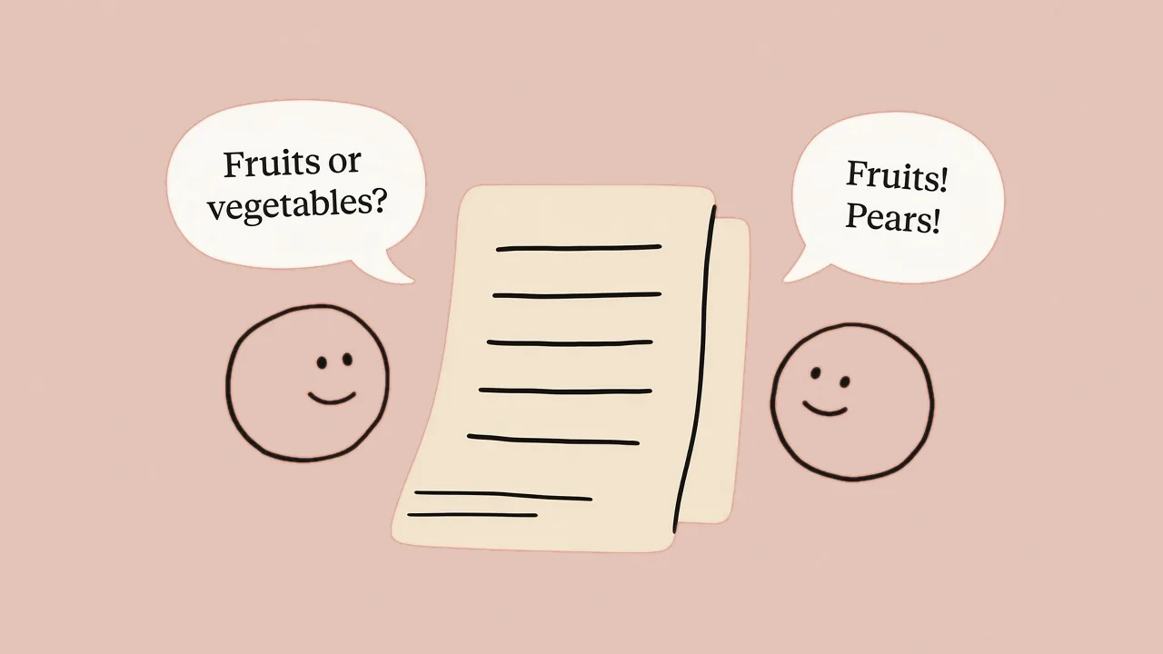Both look at the same shared list: “Fruits or vegetables?” — “Fruits! Pears!”